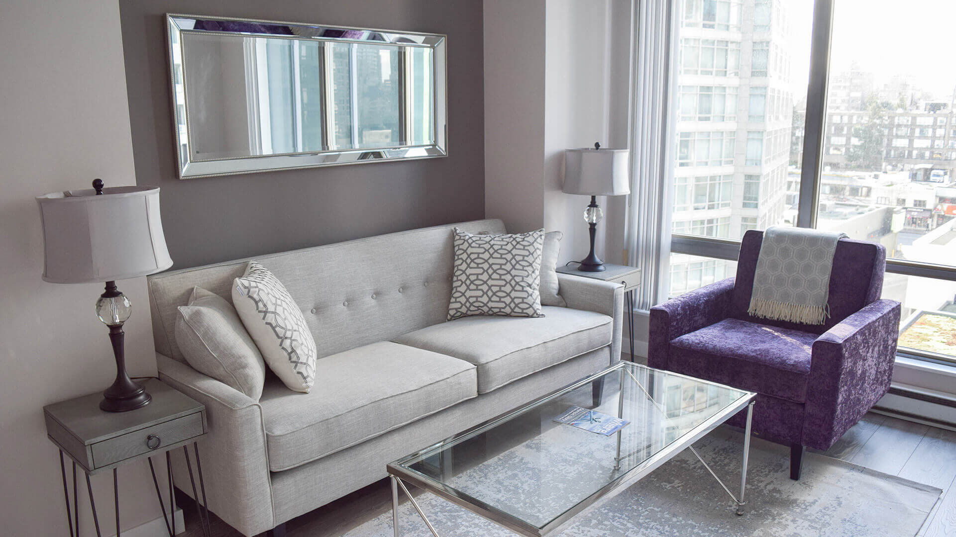 Fully Furnished Living Room in a Move-In Ready One Bedroom and Den Corporate Apartment at Vancouver Extended Stay