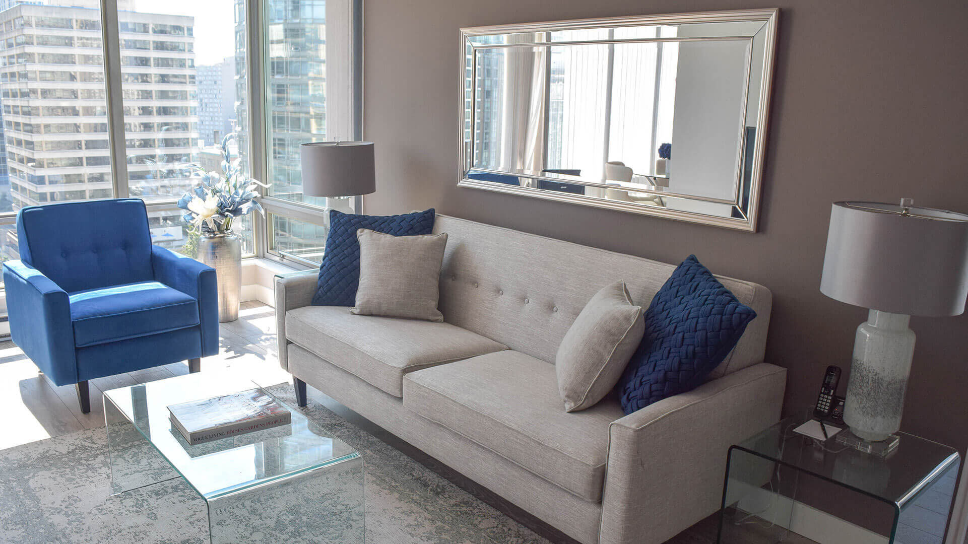 Fully Furnished Living Room in a Move-In Ready Two Bedroom Corporate Apartment at Vancouver Extended Stay